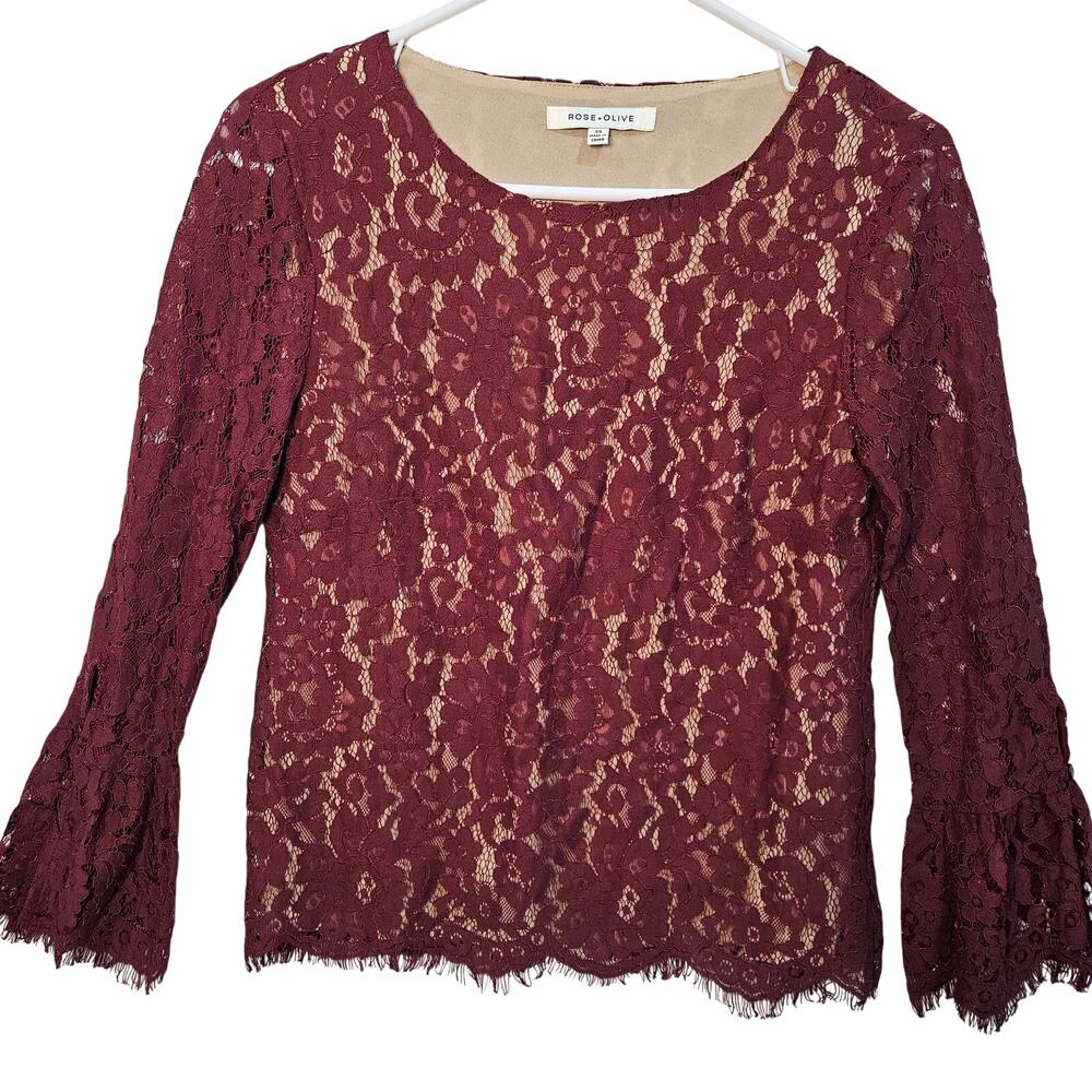 Rose and Olive Dark Red Lace Overlay Lined Bell Sheer Sleeve XS Cottage Boho